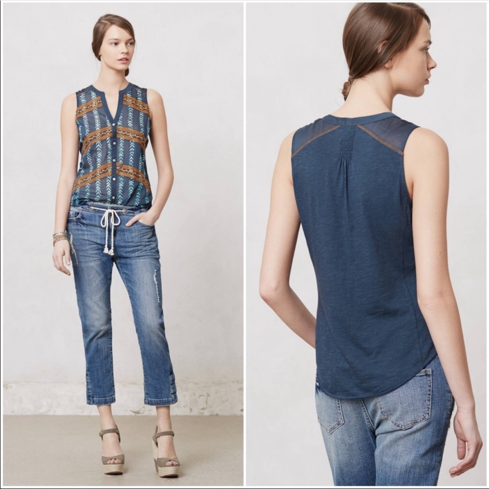 Anthropologie Tiny Teal Embroidered Sleeveless Top